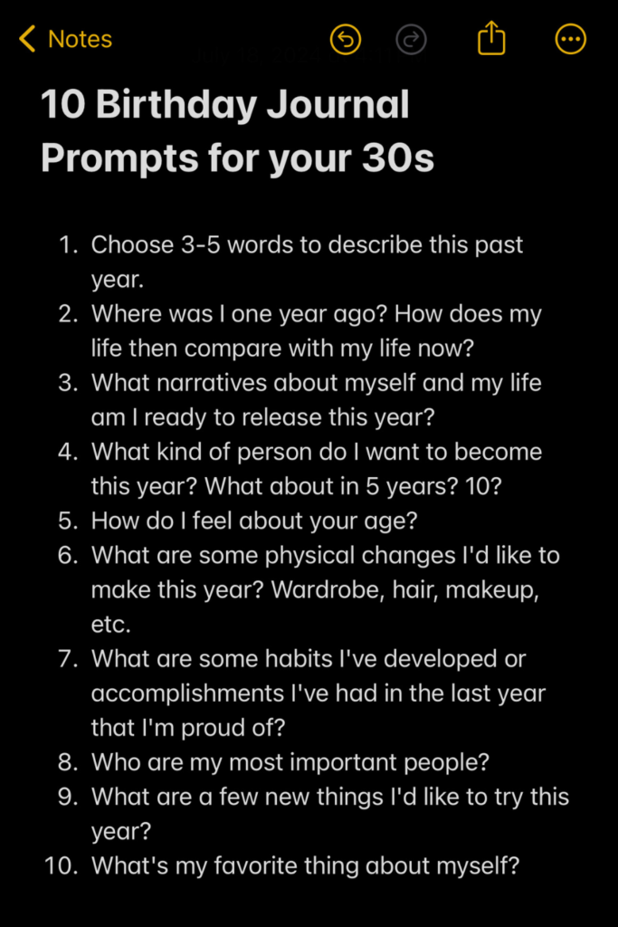 10 Birthday Journal Prompts for your 30s. This is a Notes App screenshot. The 10 prompts from this post are listed underneath.